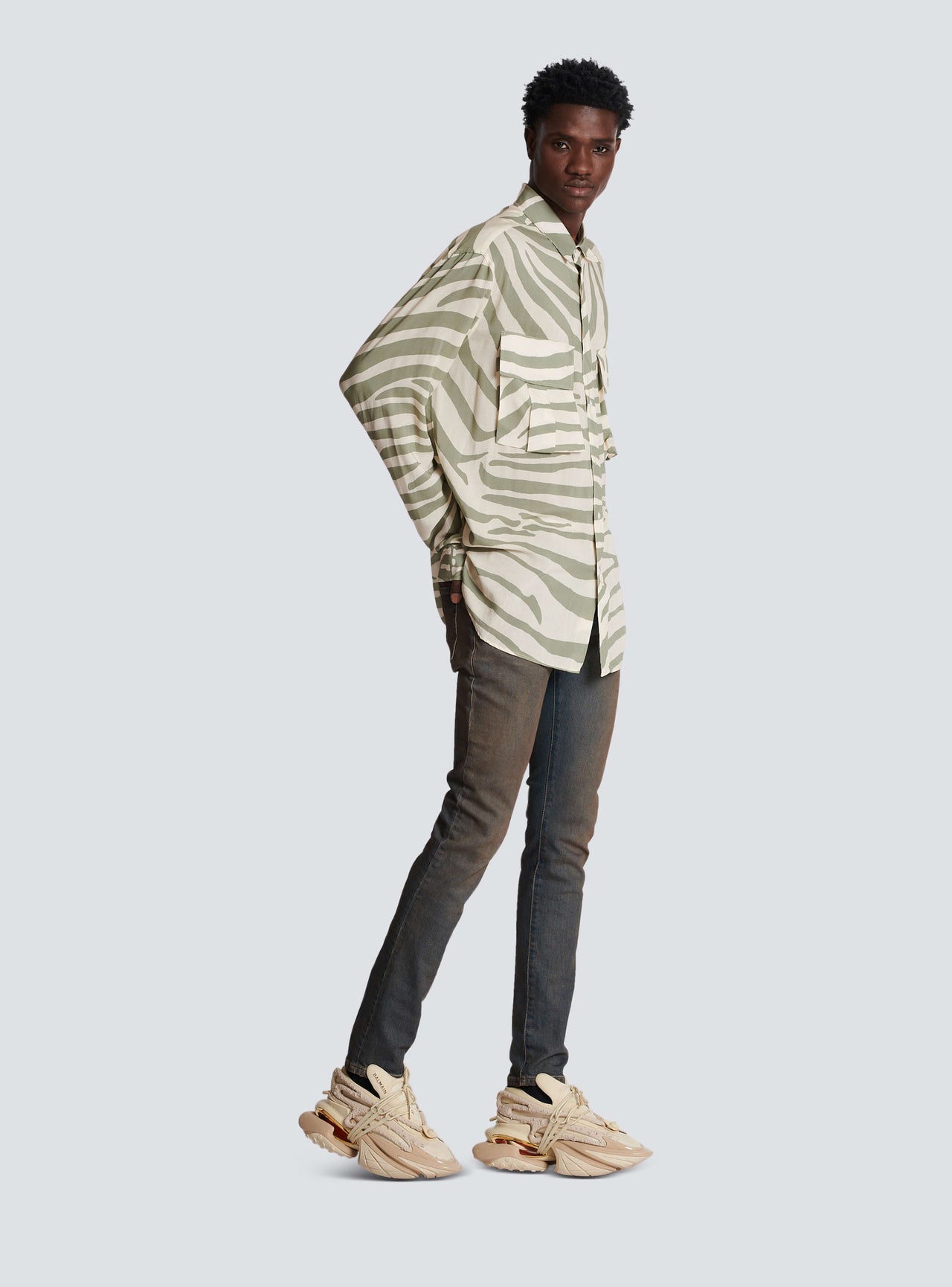 Balmain Men's Ao Zebra Print Front Pockets Shirt