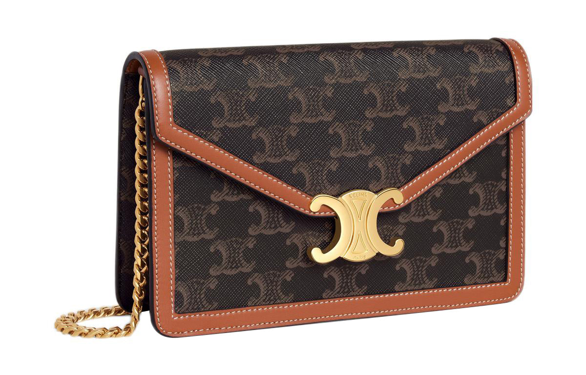 CELINE Triomphe Fabric With Calfskin Trim Shoulder Bag, Crossbody Bag, Wallet Mini Women's Tan