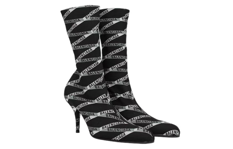 (WMNS) Balenciaga 80mm Monogram Logo Spandex Boots 'Black' 549784W1P601264