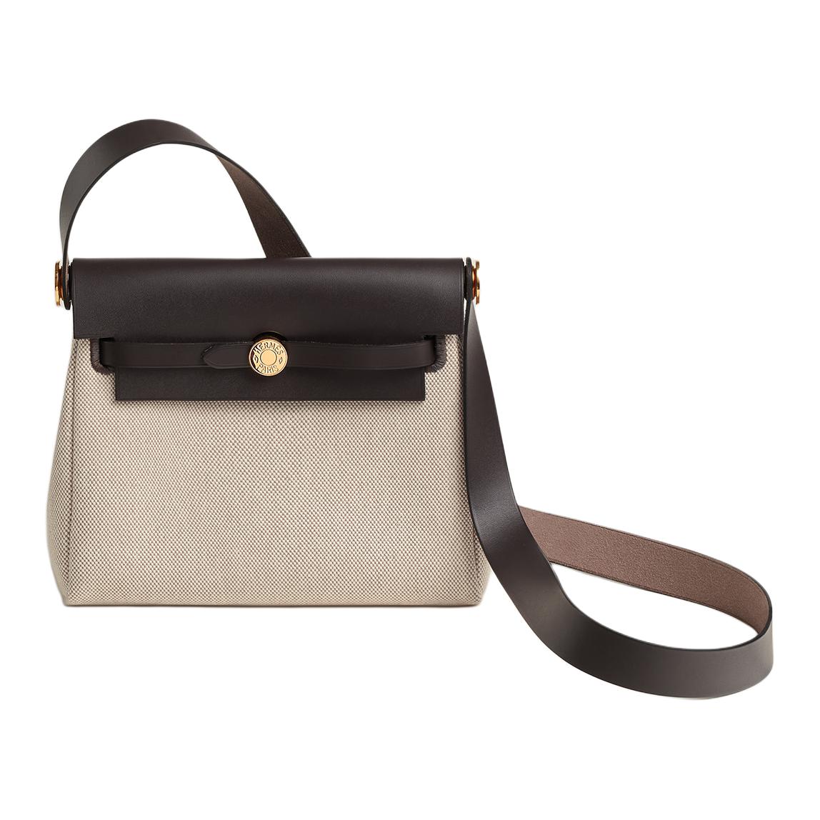 HERMES Canvas With Leather Crossbody Bag Shoulder Bag Mini Women's Light Beige & Beige & Ebony